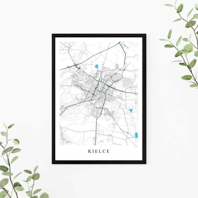 Kielce - plakat mapa Kielc z ramka, niebieska woda